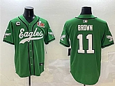 Men's Philadelphia Eagles #11 A.J. Brown Green 2025 Super Bowl LIX And 3-Star C Patch Stitched Baseball Jersey,baseball caps,new era cap wholesale,wholesale hats
